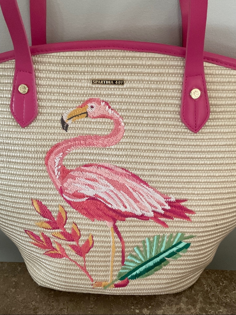 Spartina 449 Pink Flamingo Embroidered Straw Tote with Hot Pink Trim - Picture 9 of 9